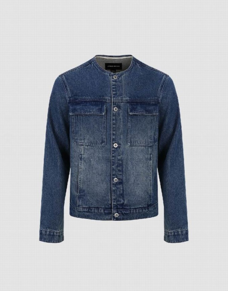 Urban Revivo Crew Neck Men's Denim Jackets Blue | TQGAWRP-76