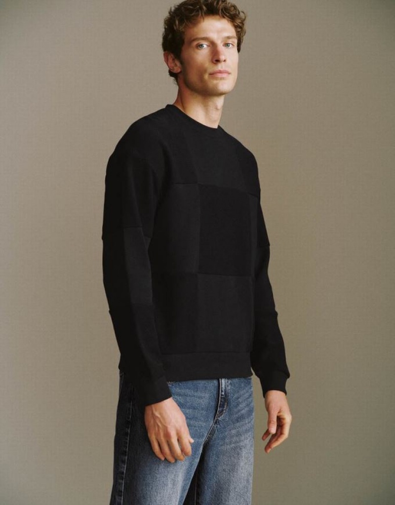 Urban Revivo Crew Neck Men's Sweatshirts Black | LZVNCEF-17