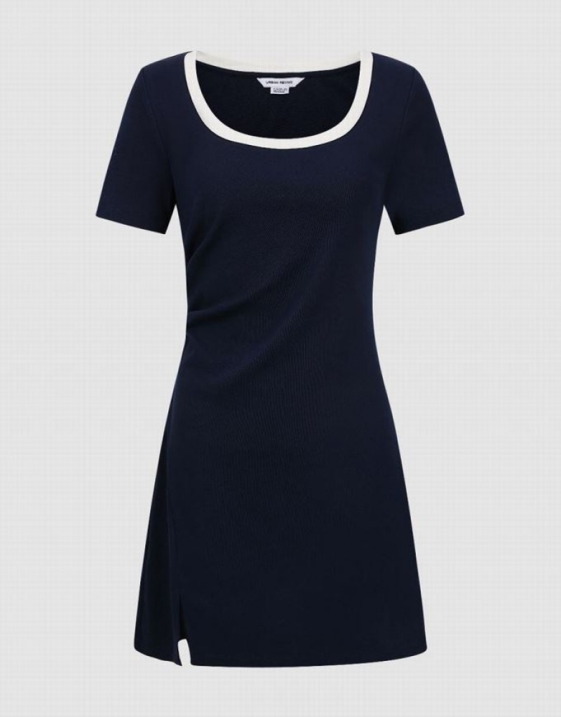 Urban Revivo Crew Neck Skater Women's Short Dress Navy | JNBRLZI-34