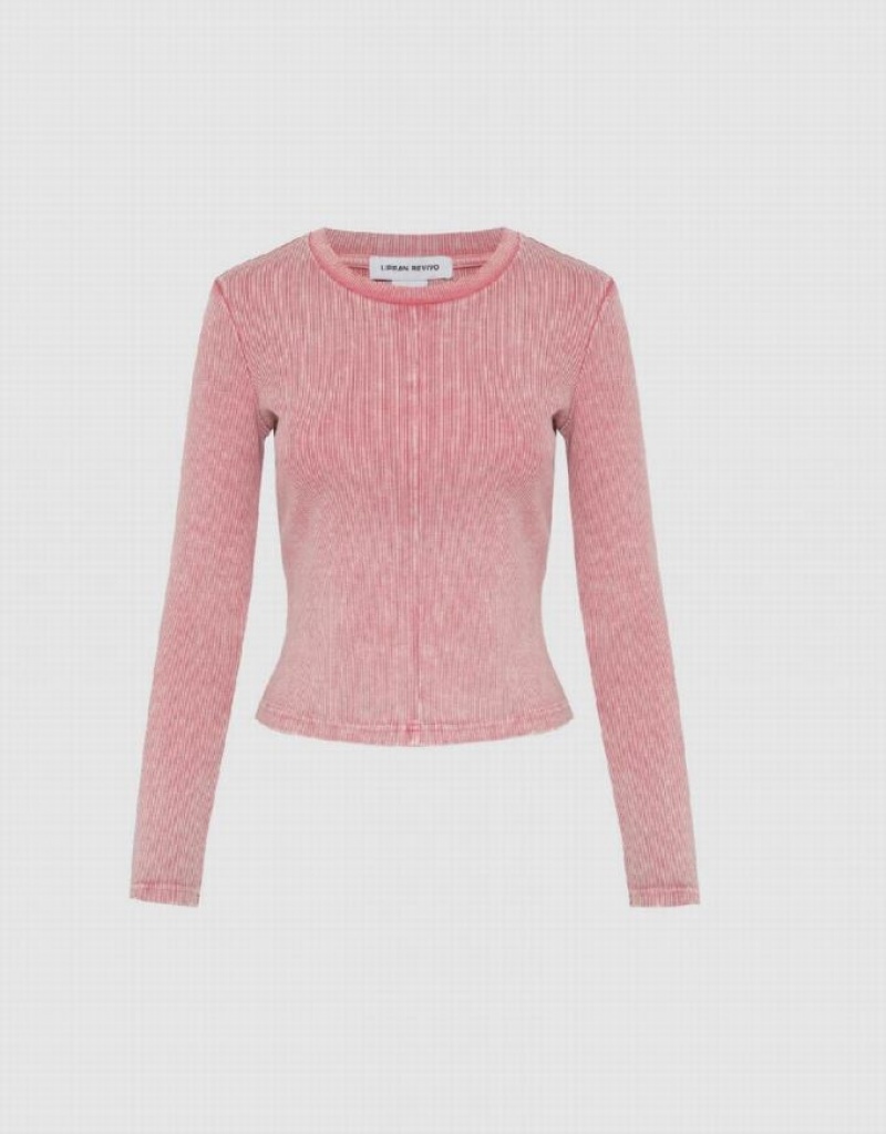 Urban Revivo Crew Neck Skinny Knitted Women's T-Shirts Pink | TOEHAVR-95