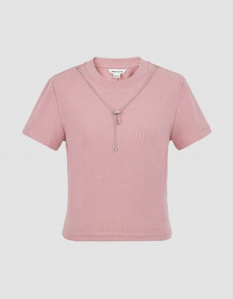 Urban Revivo Crew Neck Skinny With Necklace Women's T-Shirts Pink | IYVTFWG-46