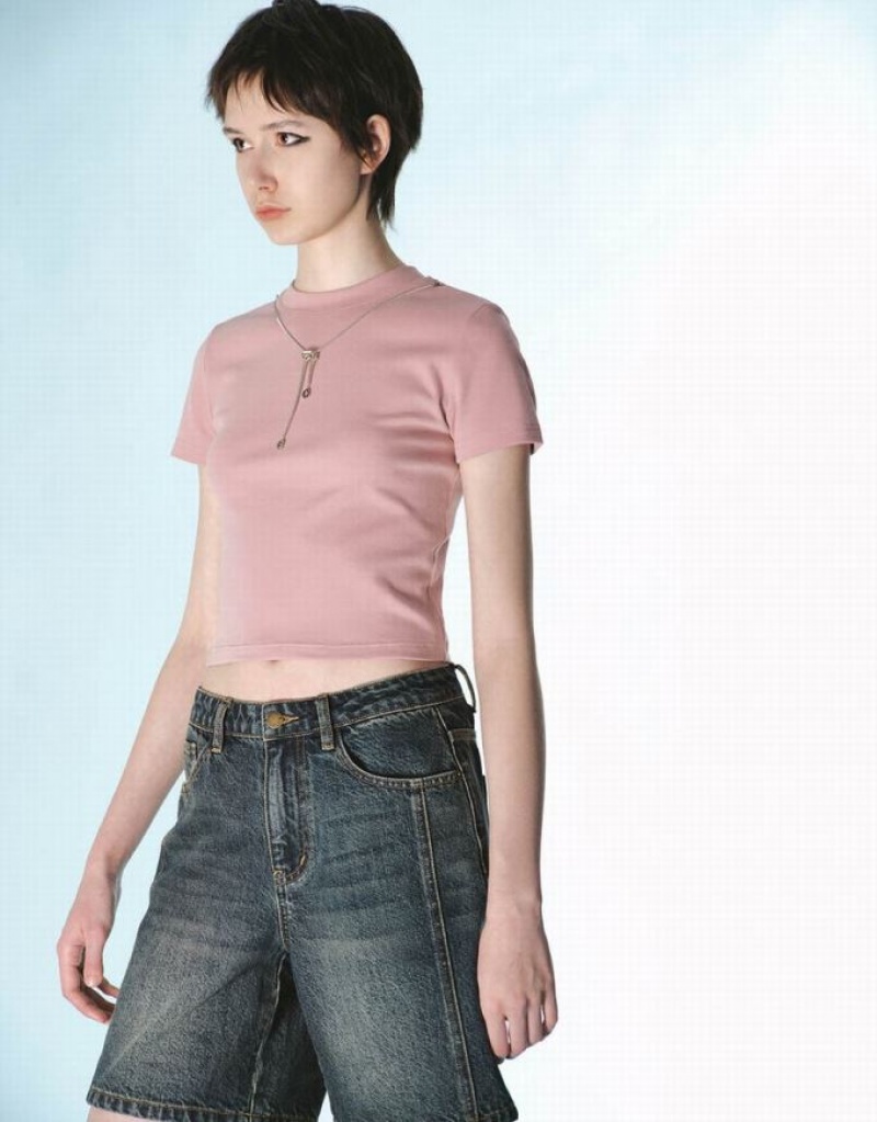 Urban Revivo Crew Neck Skinny With Necklace Women's T-Shirts Pink | IYVTFWG-46