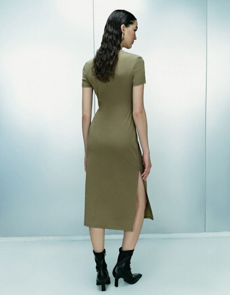 Urban Revivo Crew Neck Skinny Women's Dress Green | QPLNVOC-89