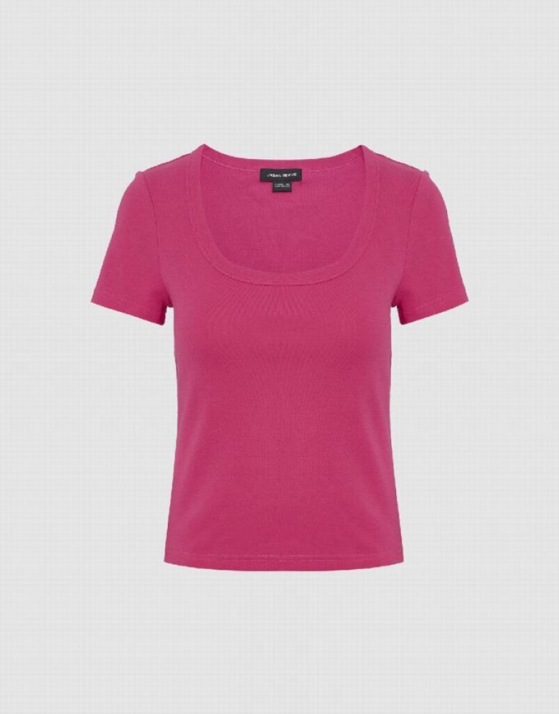 Urban Revivo Crew Neck Skinny Women's T-Shirts Pink | BRIKJYQ-79