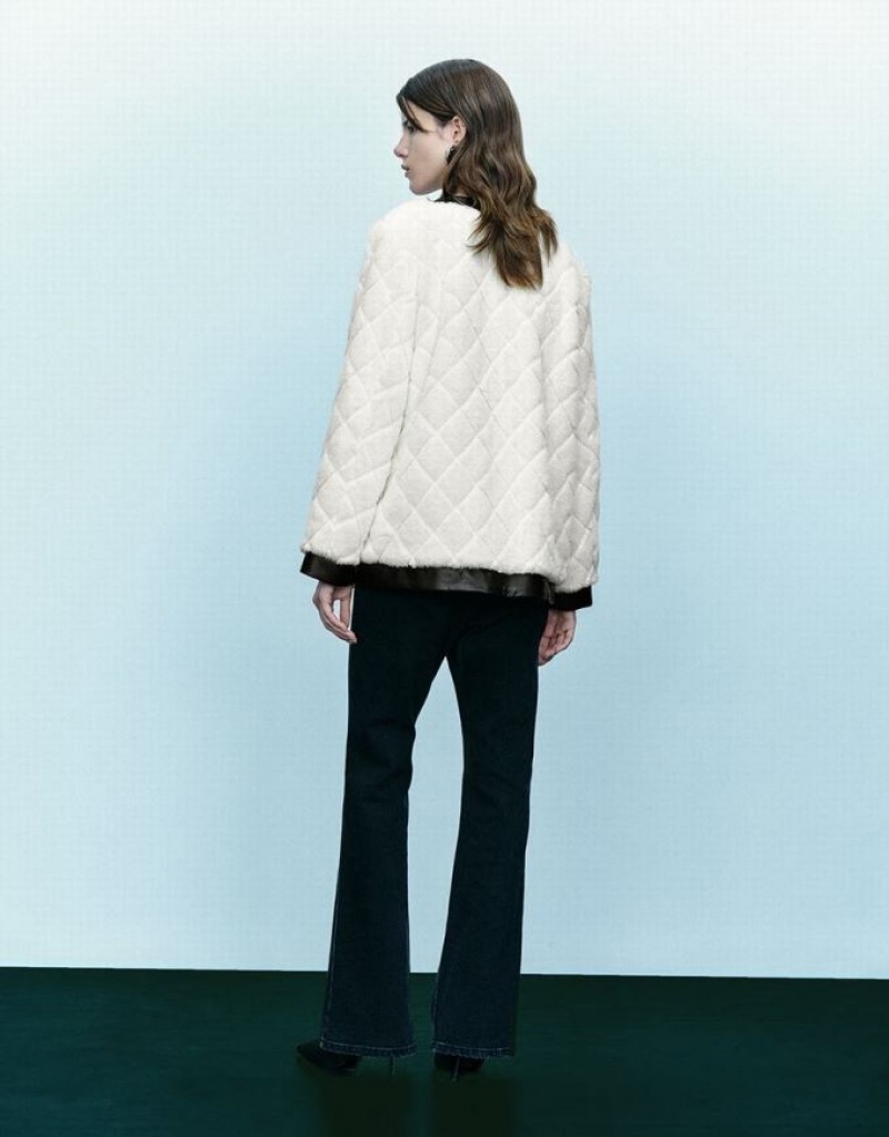 Urban Revivo Crew Neck Straight Furry Women's Coats White | LDMWICO-14