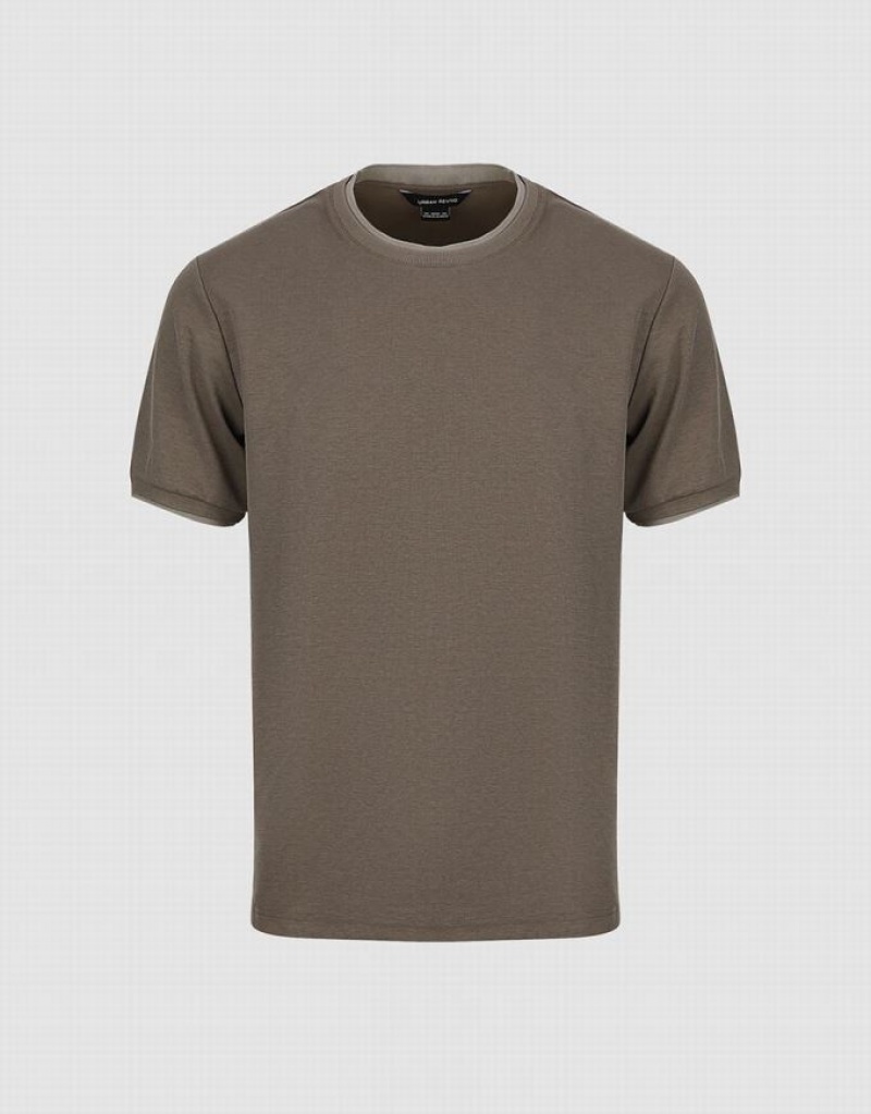 Urban Revivo Crew Neck Straight Men's T-Shirts Khaki | XJEKWYM-91