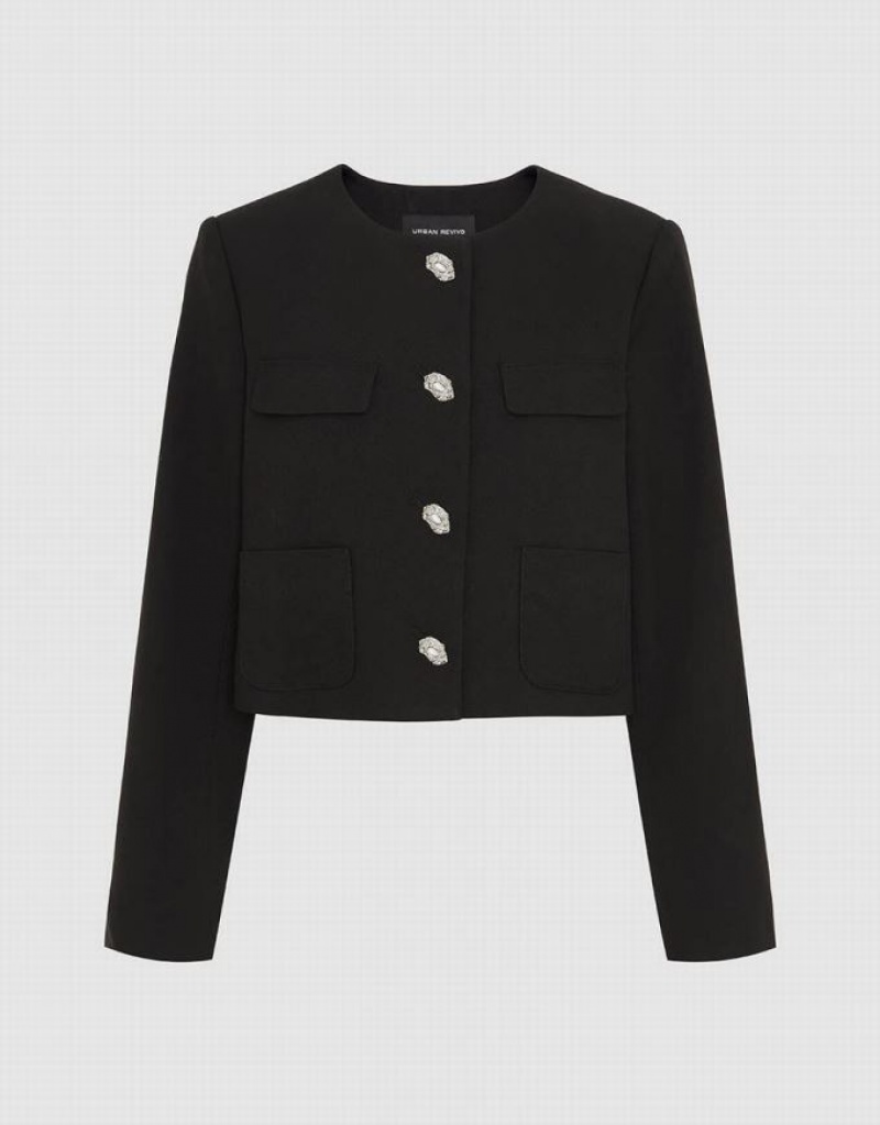 Urban Revivo Crew Neck Straight Women's Jacket Black | NQKGEZY-03