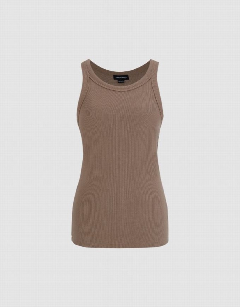 Urban Revivo Crew Neck Straight Women's Tank Top Brown | LKWMIJY-40