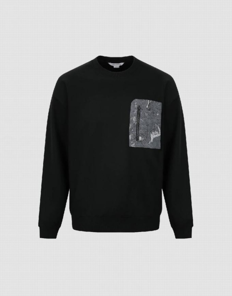 Urban Revivo Crew Neck With Zipped Pocket Men's Sweatshirts Black | RBAKLUY-08