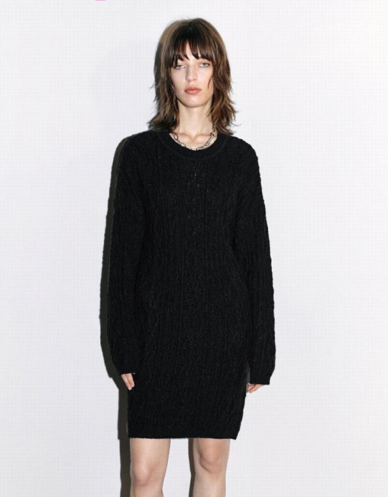 Urban Revivo Crew Neck Women\'s Knitted Dress Black | TQVRNAO-20