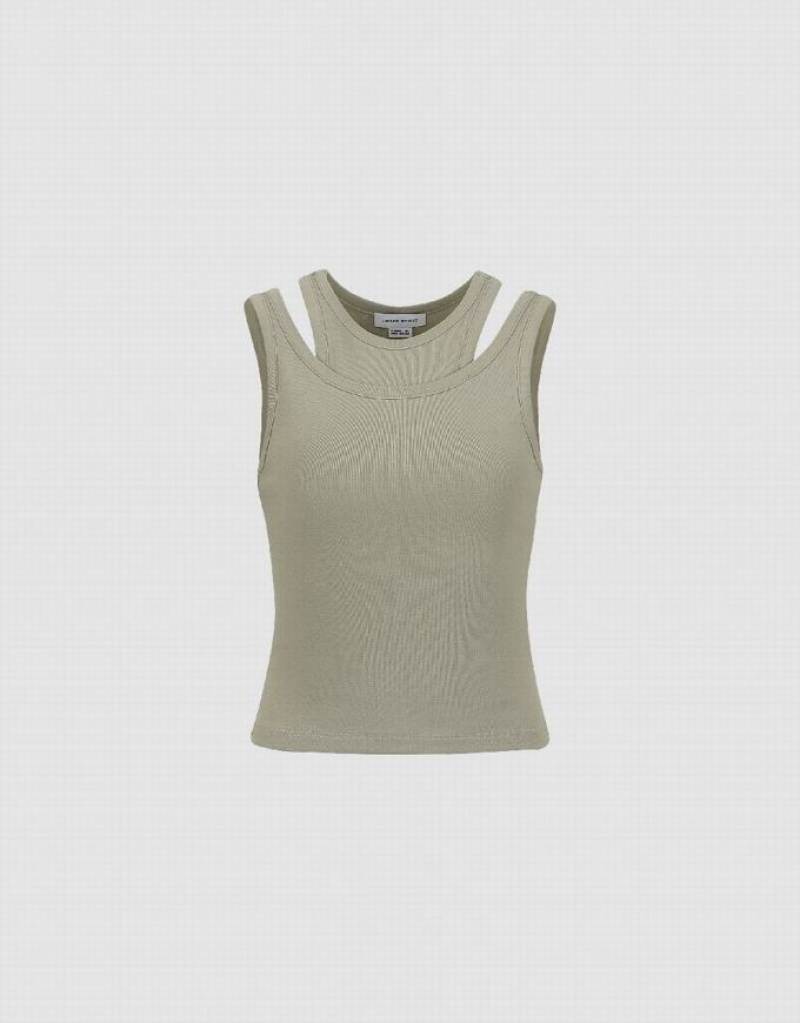 Urban Revivo Crew Neck Women's Tank Top Olive | DHGAVBX-76