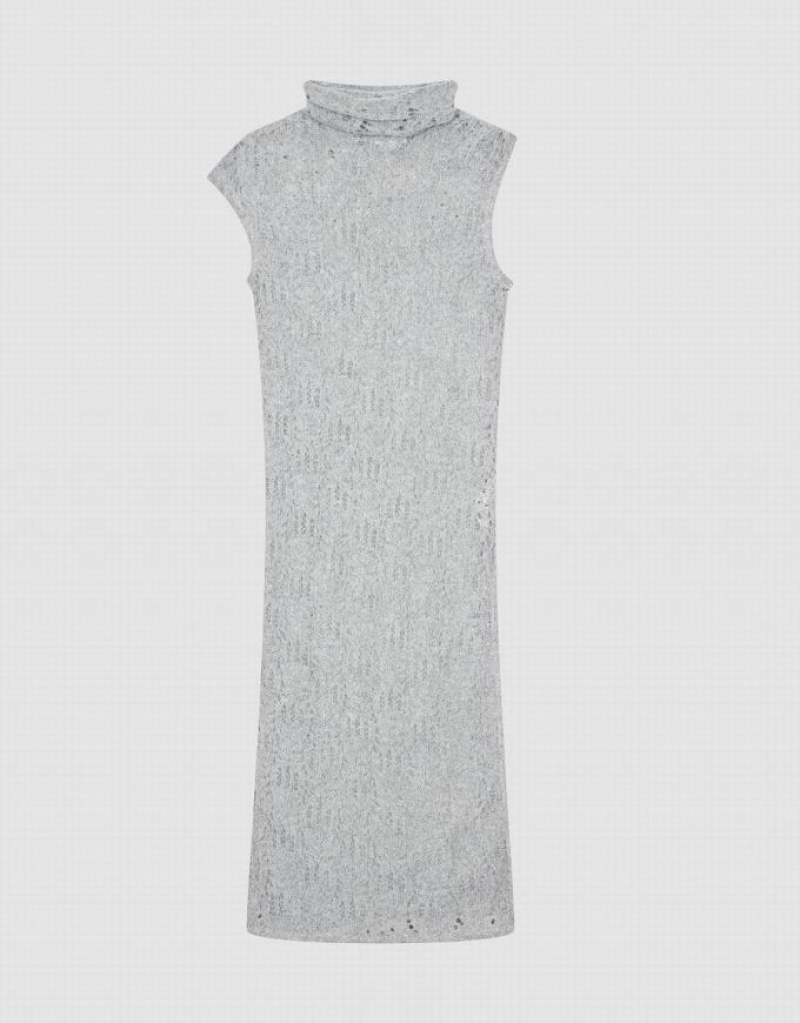 Urban Revivo Crochet Sleeveless Turtle Neck Straight Women's Dress Light Grey | MJOKFUW-76