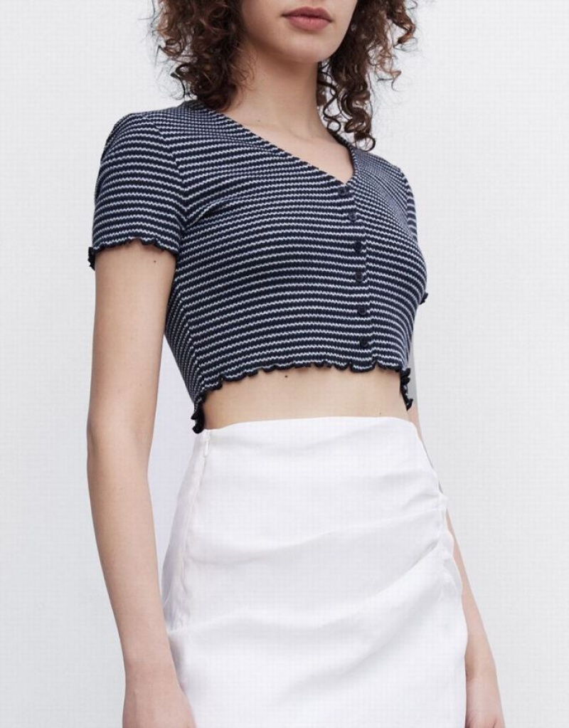 Urban Revivo Crop Women's T-Shirts Stripes | UBXQMZR-68