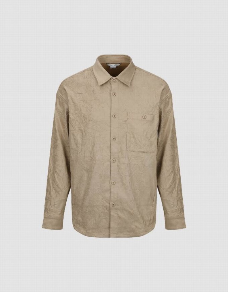 Urban Revivo Crumpled Effect Loose Men's Shirts Khaki | PSVXQIT-12