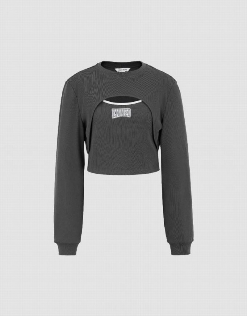 Urban Revivo Cut-Out Crew Neck Knitted Women's T-Shirts Dark Grey | JMUQKHI-76