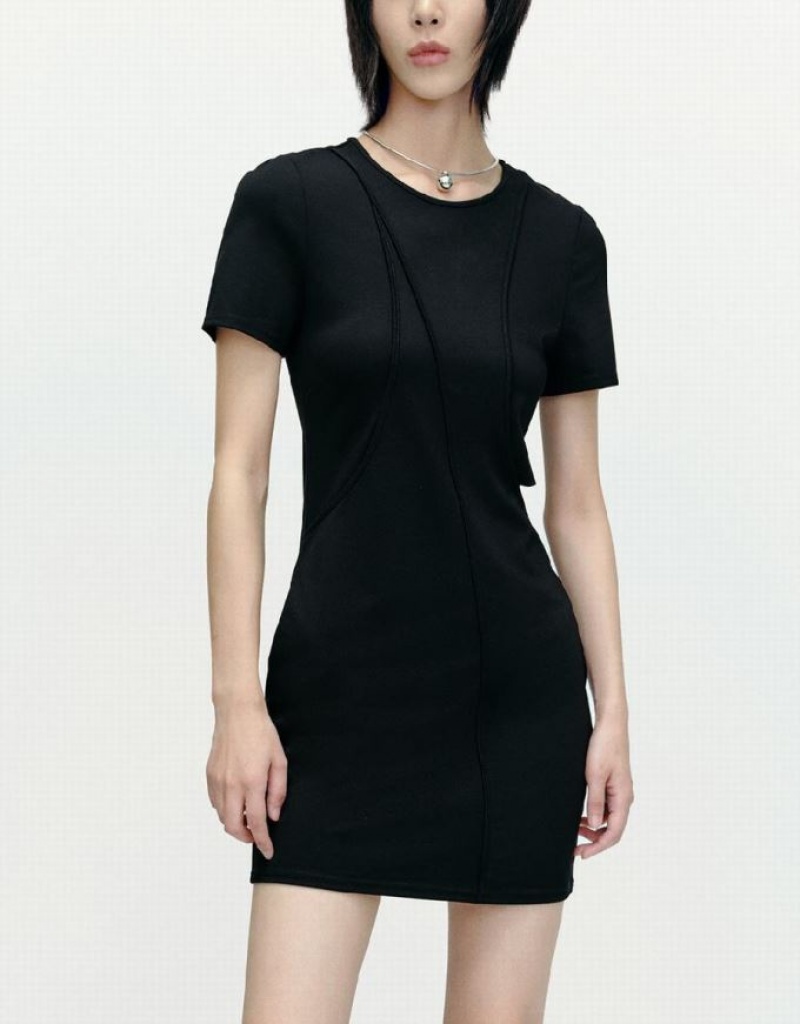 Urban Revivo Cut-Out Crew Neck Skinny Women's Dress Black | UIXVFTW-43