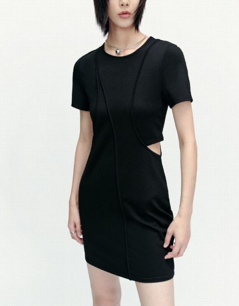 Urban Revivo Cut-Out Crew Neck Skinny Women's Dress Black | UIXVFTW-43