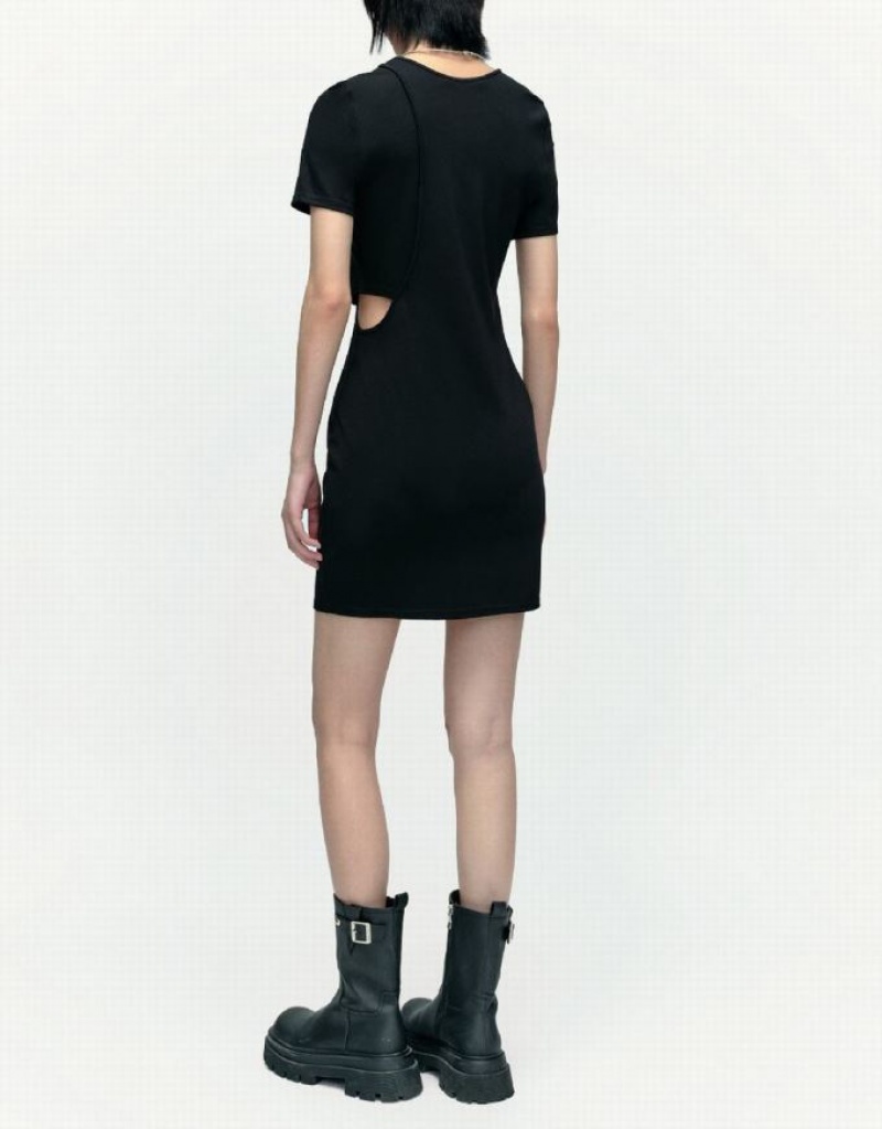 Urban Revivo Cut-Out Crew Neck Skinny Women's Dress Black | UIXVFTW-43