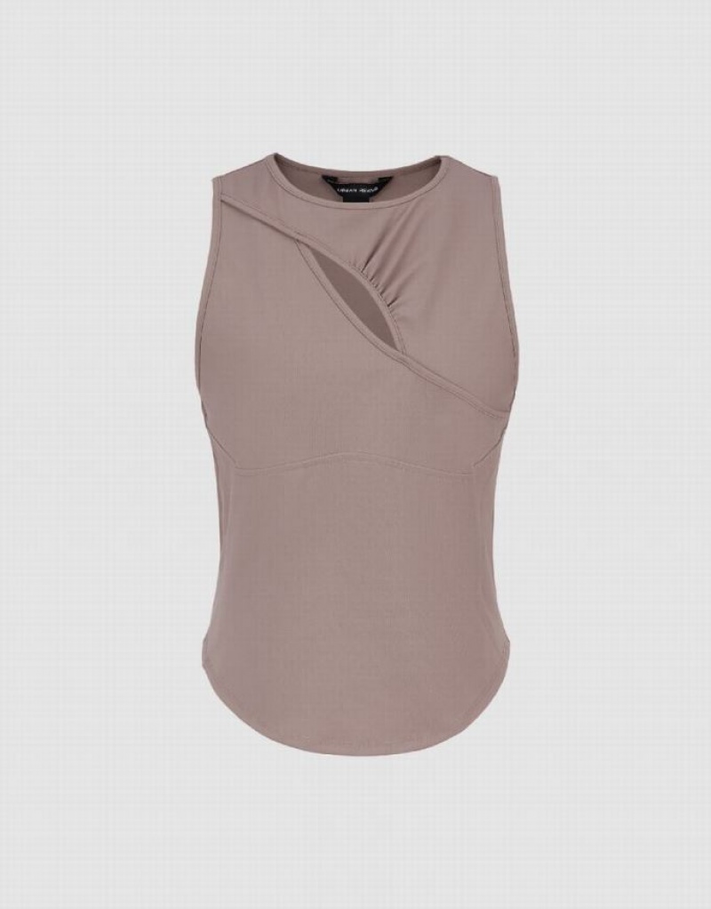 Urban Revivo Cut-Out Women's Tank Top Brown | YARKOQN-80