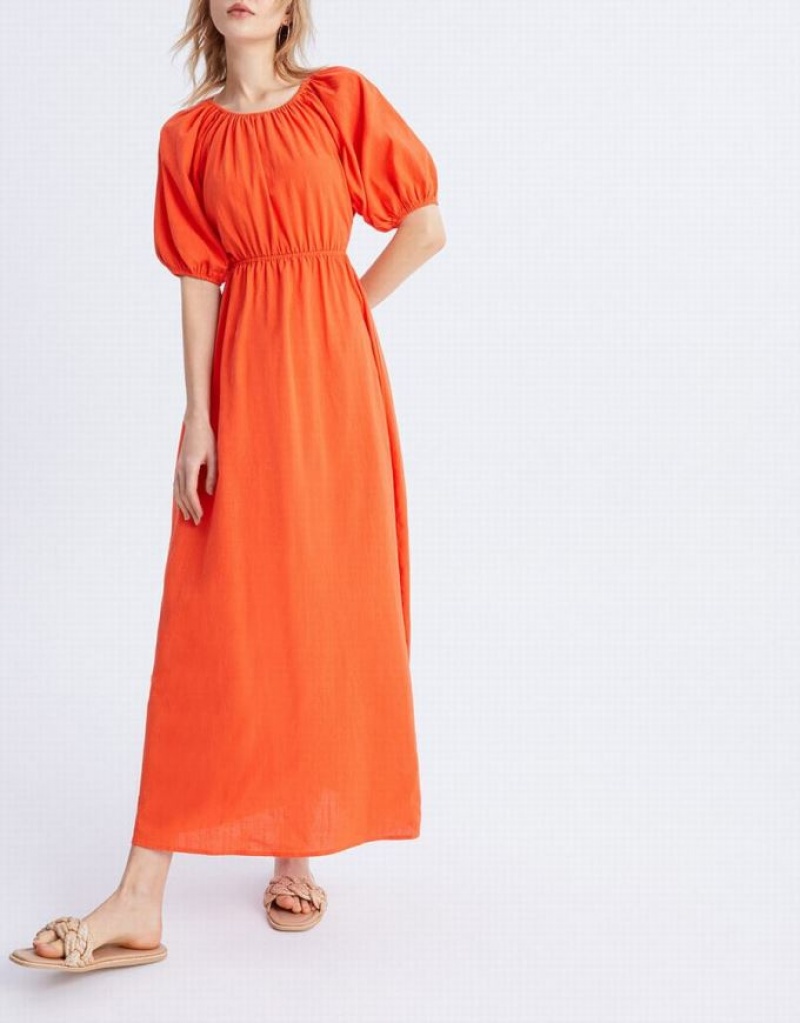 Urban Revivo Cut Out Back Puff Sleeve Maxi Women's Maxi Dress Orange | VQUZDFW-52