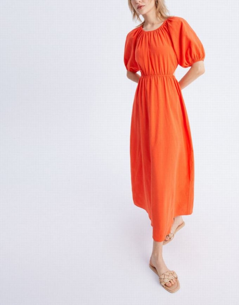 Urban Revivo Cut Out Back Puff Sleeve Maxi Women's Maxi Dress Orange | VQUZDFW-52