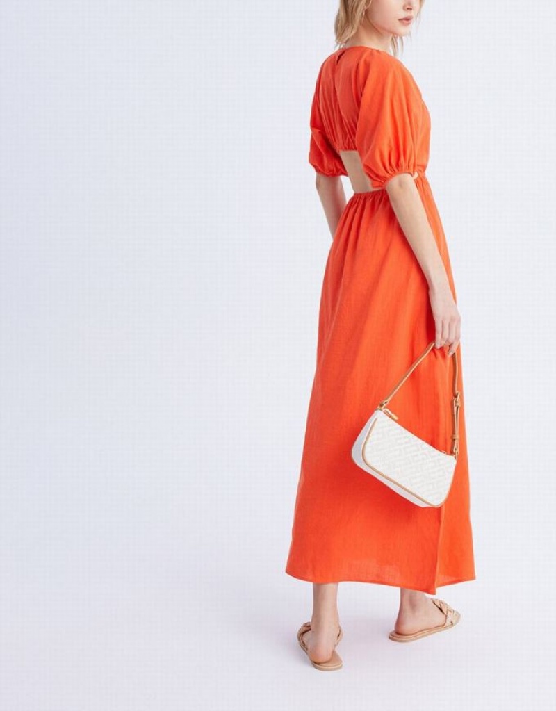 Urban Revivo Cut Out Back Puff Sleeve Maxi Women's Maxi Dress Orange | VQUZDFW-52