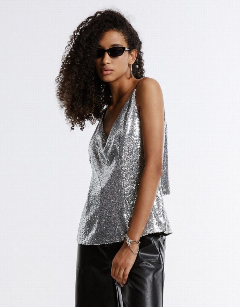 Urban Revivo Cut Out Back Sequin Women's Camisole Silver | LCVQEUH-38