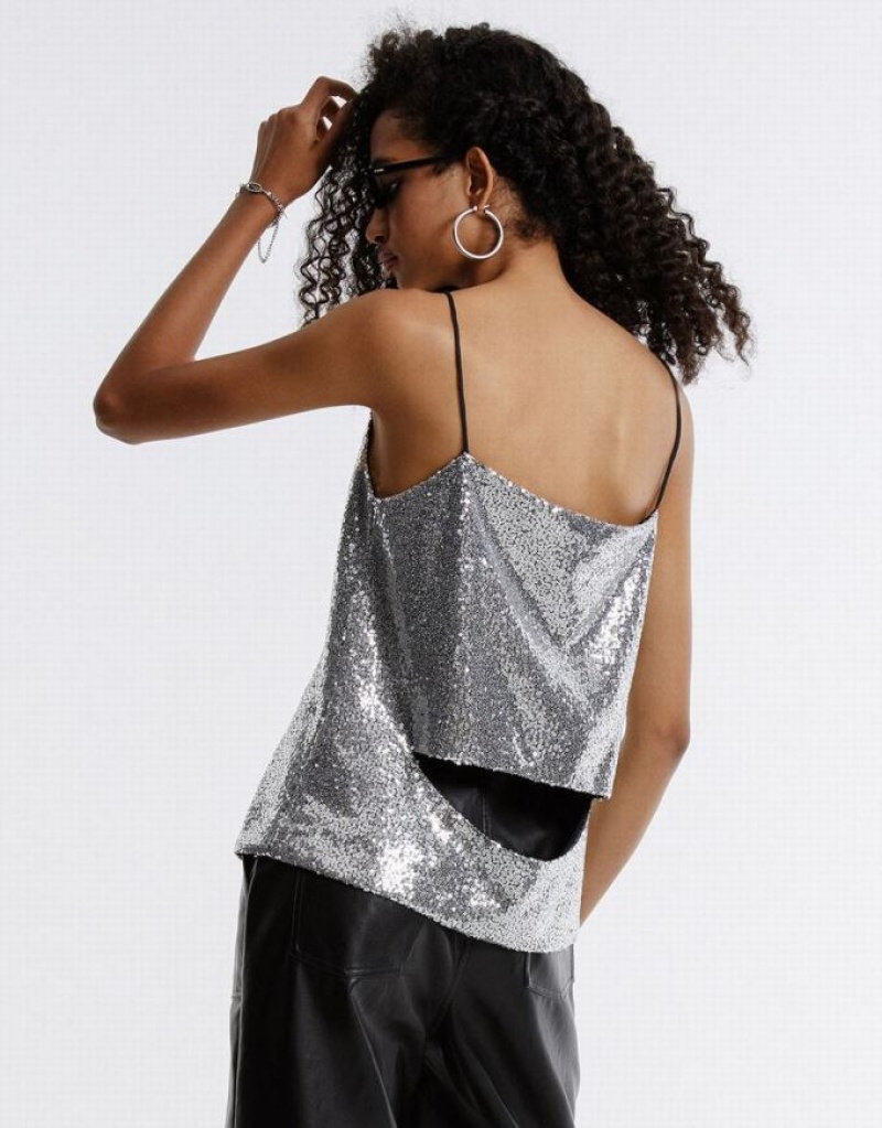 Urban Revivo Cut Out Back Sequin Women's Camisole Silver | LCVQEUH-38