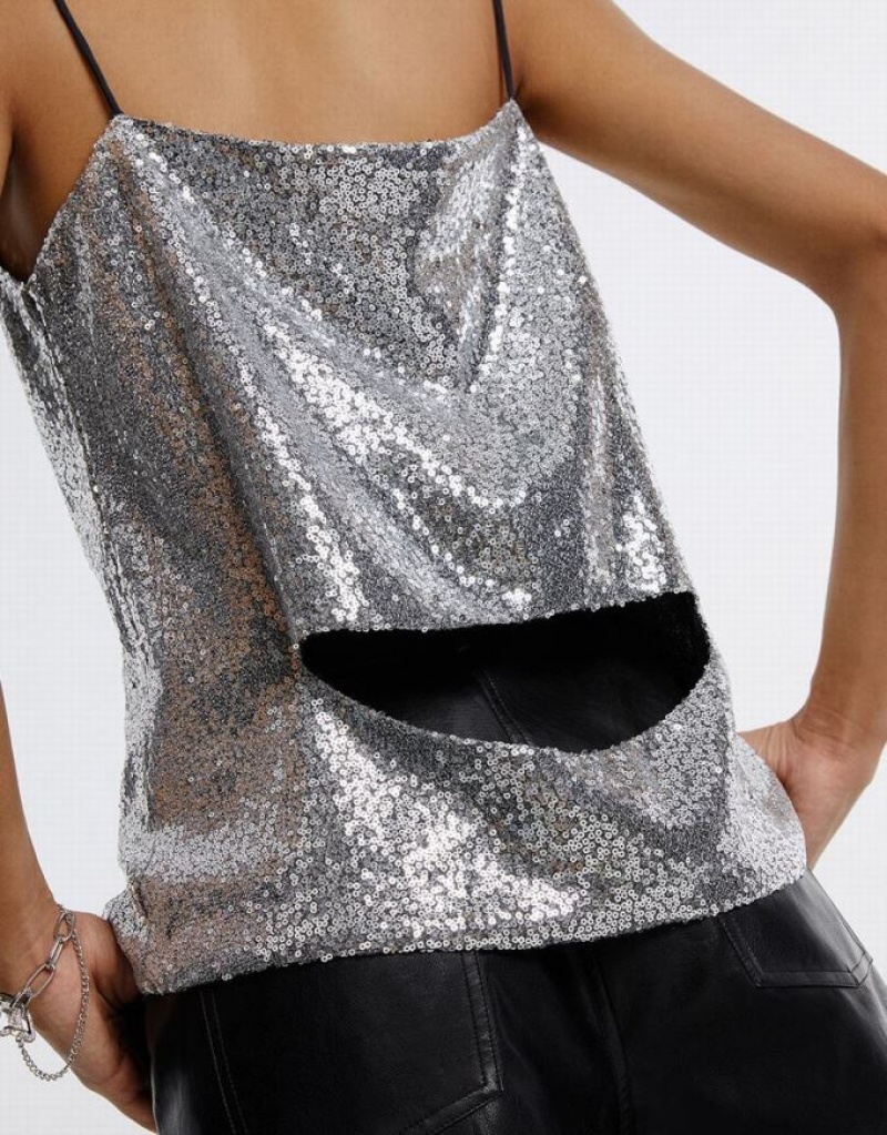 Urban Revivo Cut Out Back Sequin Women's Camisole Silver | LCVQEUH-38