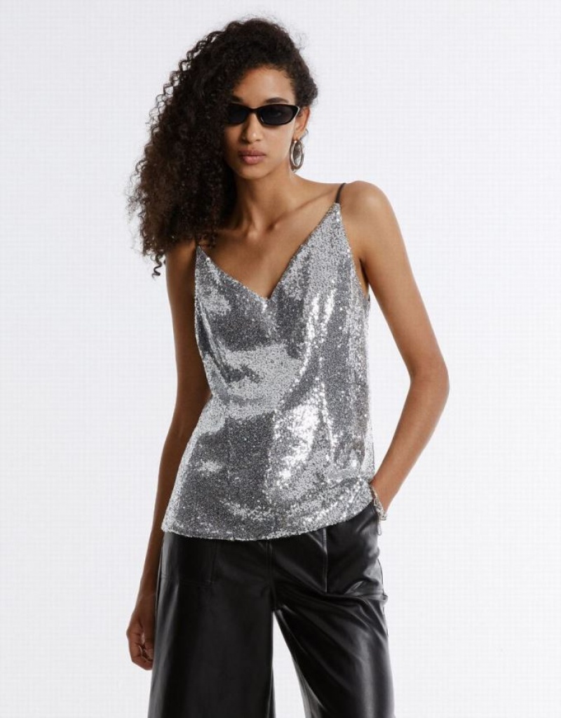 Urban Revivo Cut Out Back Sequin Women\'s Camisole Silver | LCVQEUH-38