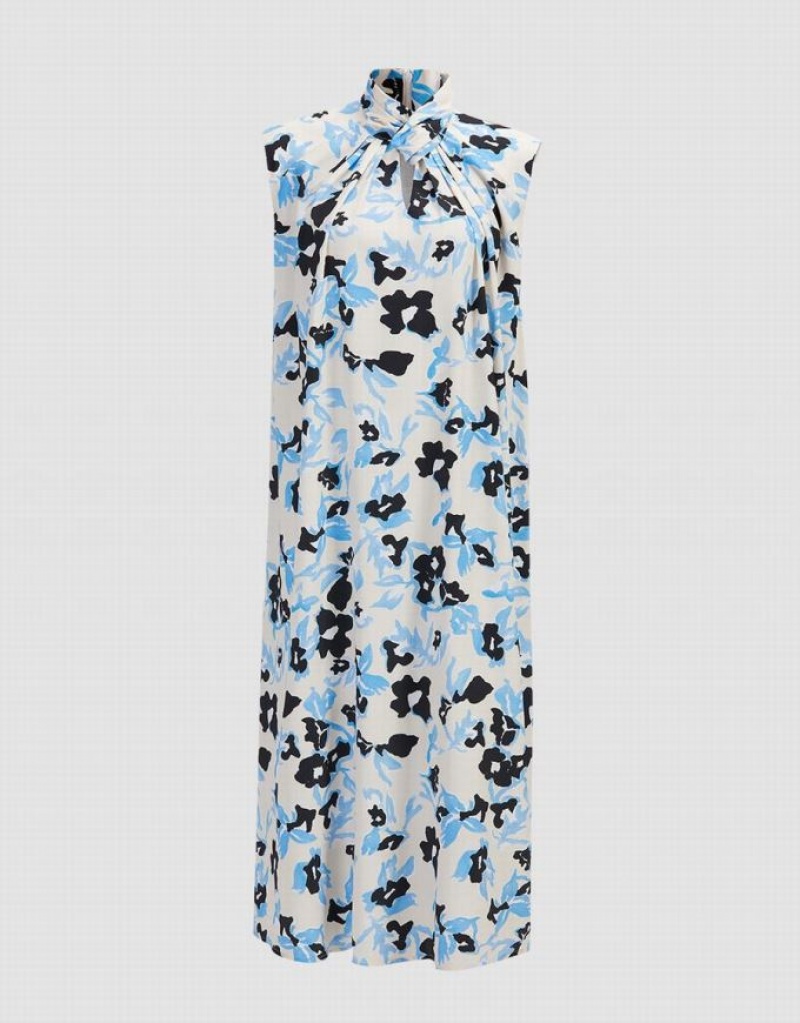 Urban Revivo Cut Out Floral Print Sleeveless Women\'s Casual Dress Blue | PFRVCUB-92