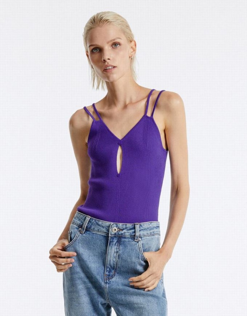 Urban Revivo Cut Out Knitted Women\'s Camisole Purple | RJGIEDC-03