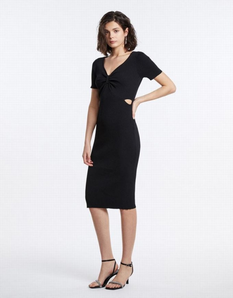 Urban Revivo Cut Out Knot Front Midi Women's Knitted Dress Black | ORXUNAP-45