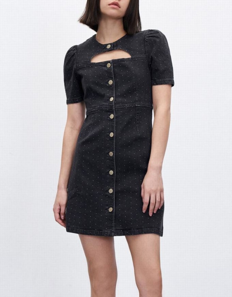 Urban Revivo Cut Out Polka Dot Button Front Women's Denim Dress Black | FKSMYTI-08