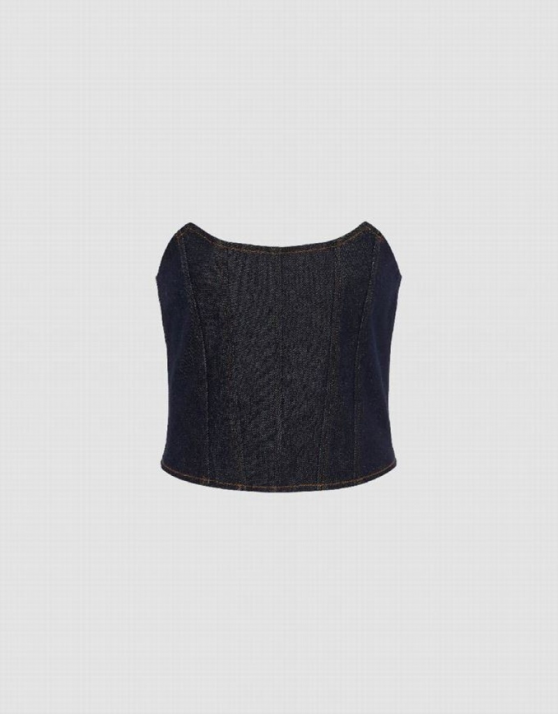 Urban Revivo Denim Tube Top Women's Shirts Blue | BECWVJU-65