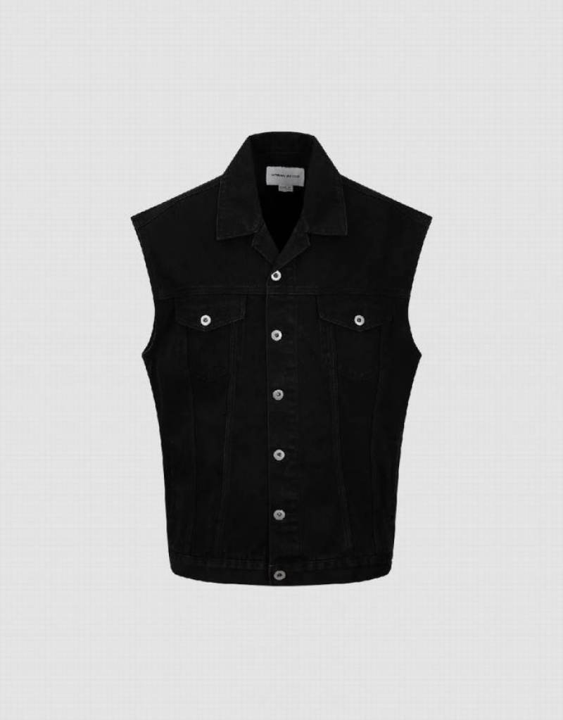 Urban Revivo Denim Waistcoat Men's Denim Jackets Black | ISARLUX-91