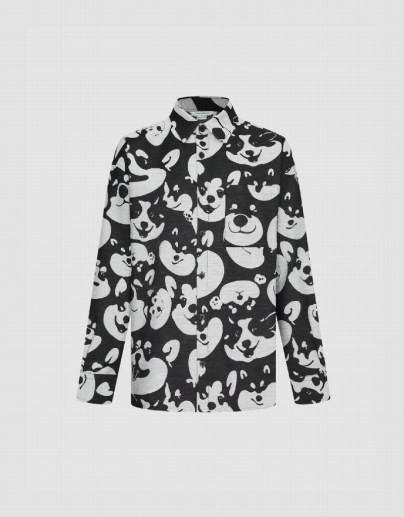 Urban Revivo Dog Printed Oversized Men's Shirts Black | HKLAXOD-59