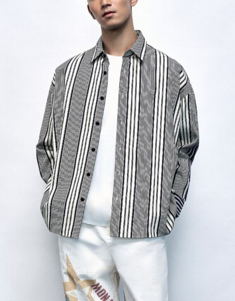 Urban Revivo Dolman Sleeve Striped Loose Men's Shirts Black | UXFGYPE-56