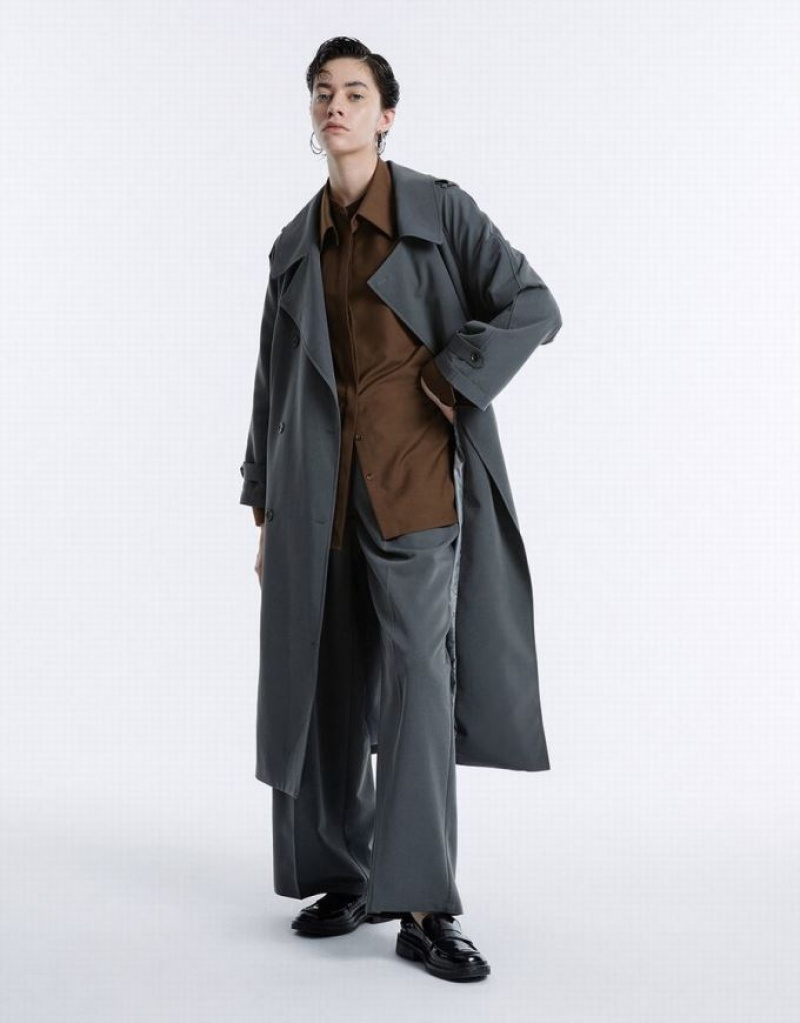 Urban Revivo Double Breasted Belted Women's Trench Coat Grey | UJTXVNW-78