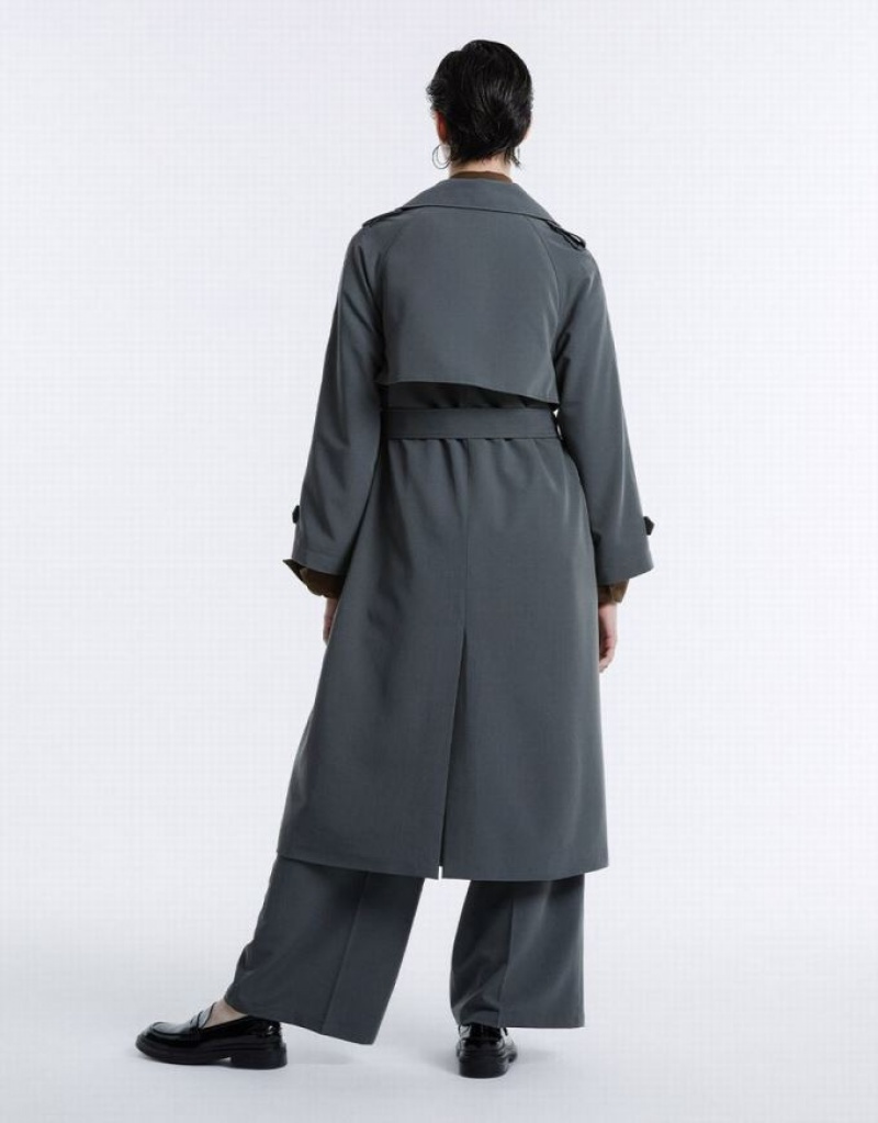 Urban Revivo Double Breasted Belted Women's Trench Coat Grey | UJTXVNW-78