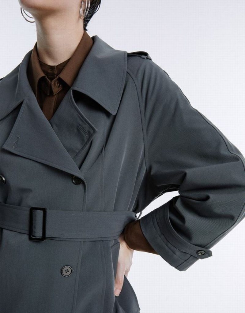 Urban Revivo Double Breasted Belted Women's Trench Coat Grey | UJTXVNW-78