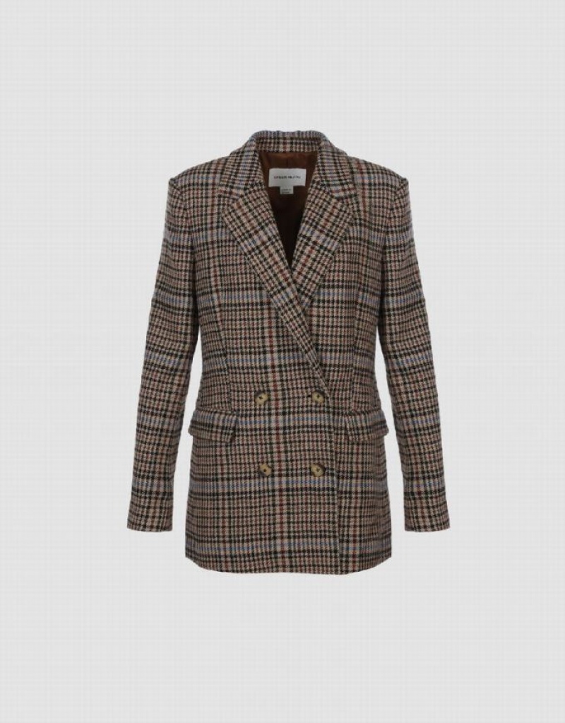 Urban Revivo Double Breasted Plaid Women's Blazers Brown | SGZPHJA-96