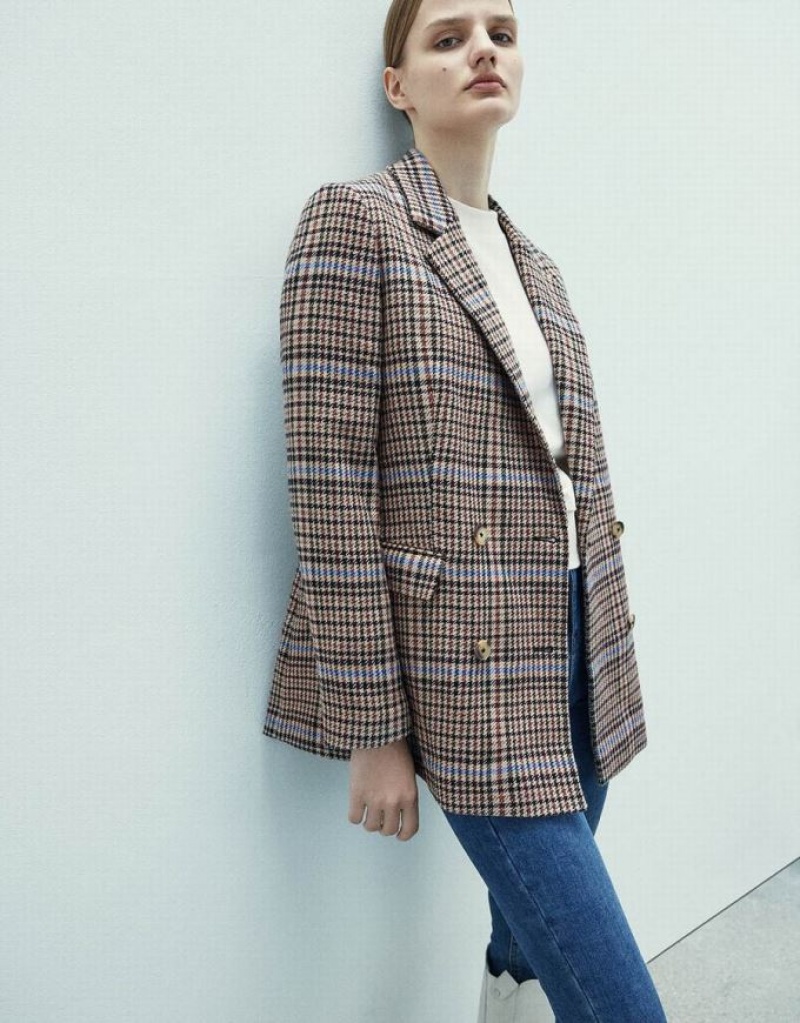 Urban Revivo Double Breasted Plaid Women's Blazers Brown | SGZPHJA-96