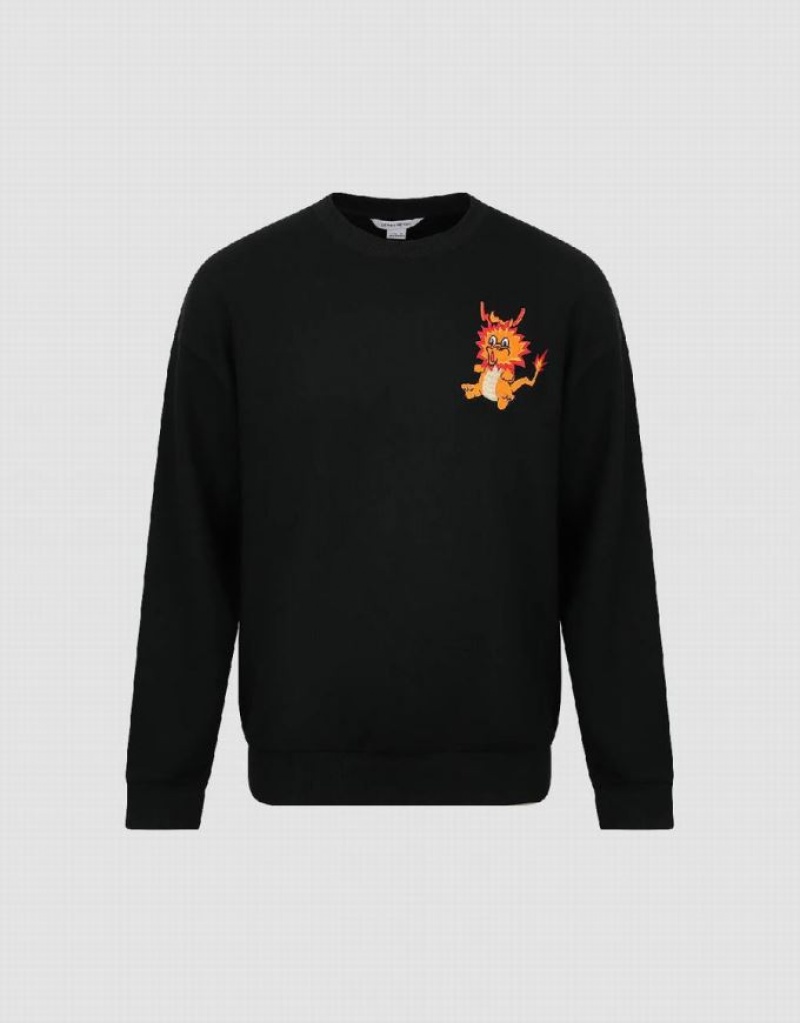 Urban Revivo Dragon Embossed Crew Neck Men's Sweatshirts Black | DCMUJSW-63