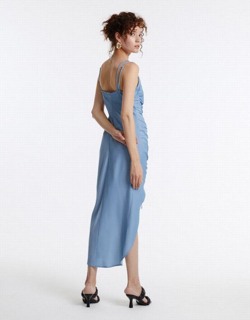 Urban Revivo Draped Midi Women's Midi Dress Blue | NFTVJXP-94