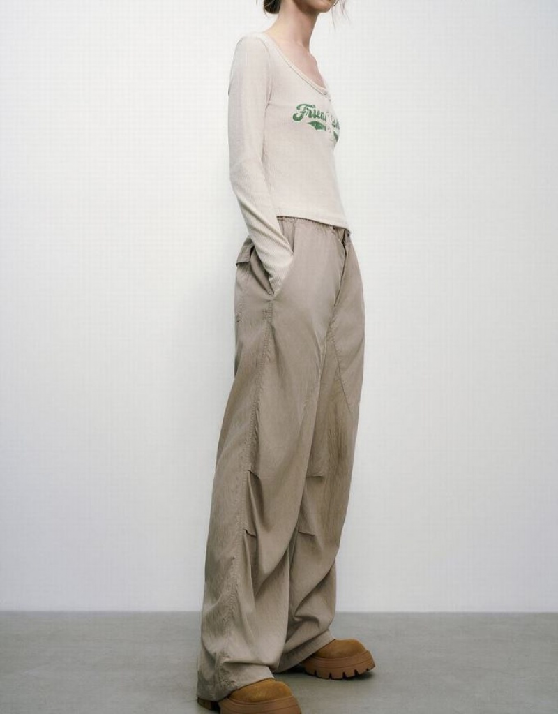 Urban Revivo Drawstring Waist Wide-Leg Women's Pants Khaki | WOJKBMH-02