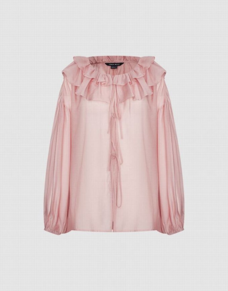 Urban Revivo Drop Should Ruffle Lapel Women's Shirts Pink | YXLHOGK-15