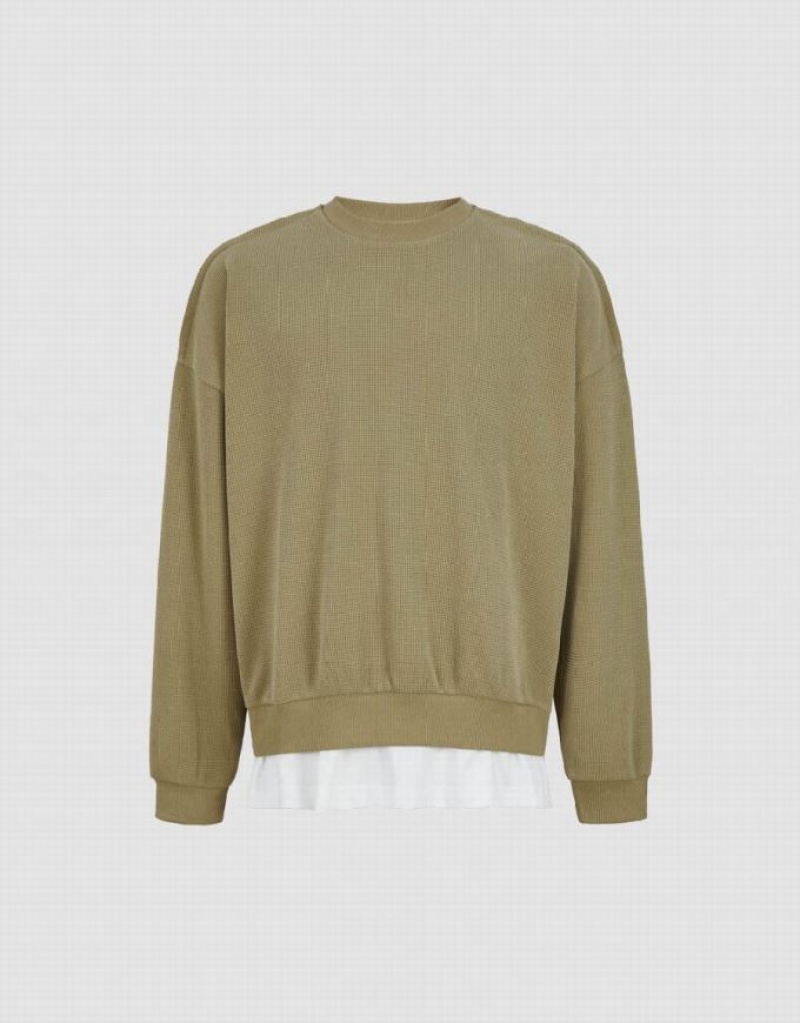 Urban Revivo Drop Shoulder Sleeve Crew Neck Men's Sweatshirts Khaki | OHCAIYK-47