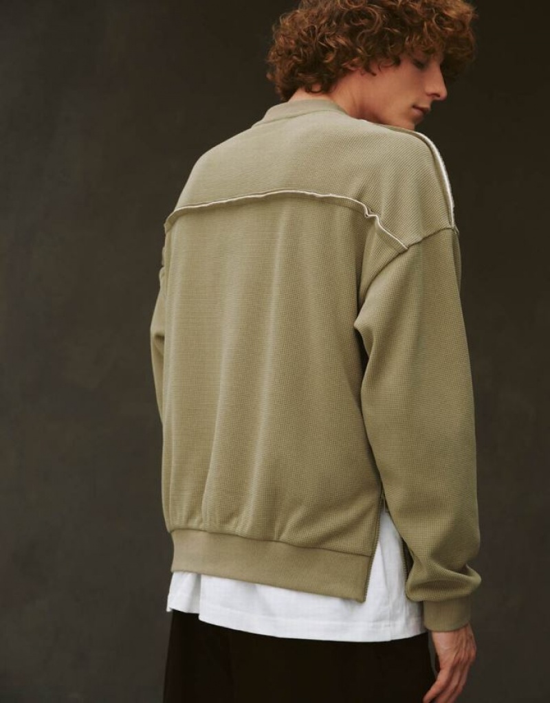 Urban Revivo Drop Shoulder Sleeve Crew Neck Men's Sweatshirts Khaki | OHCAIYK-47