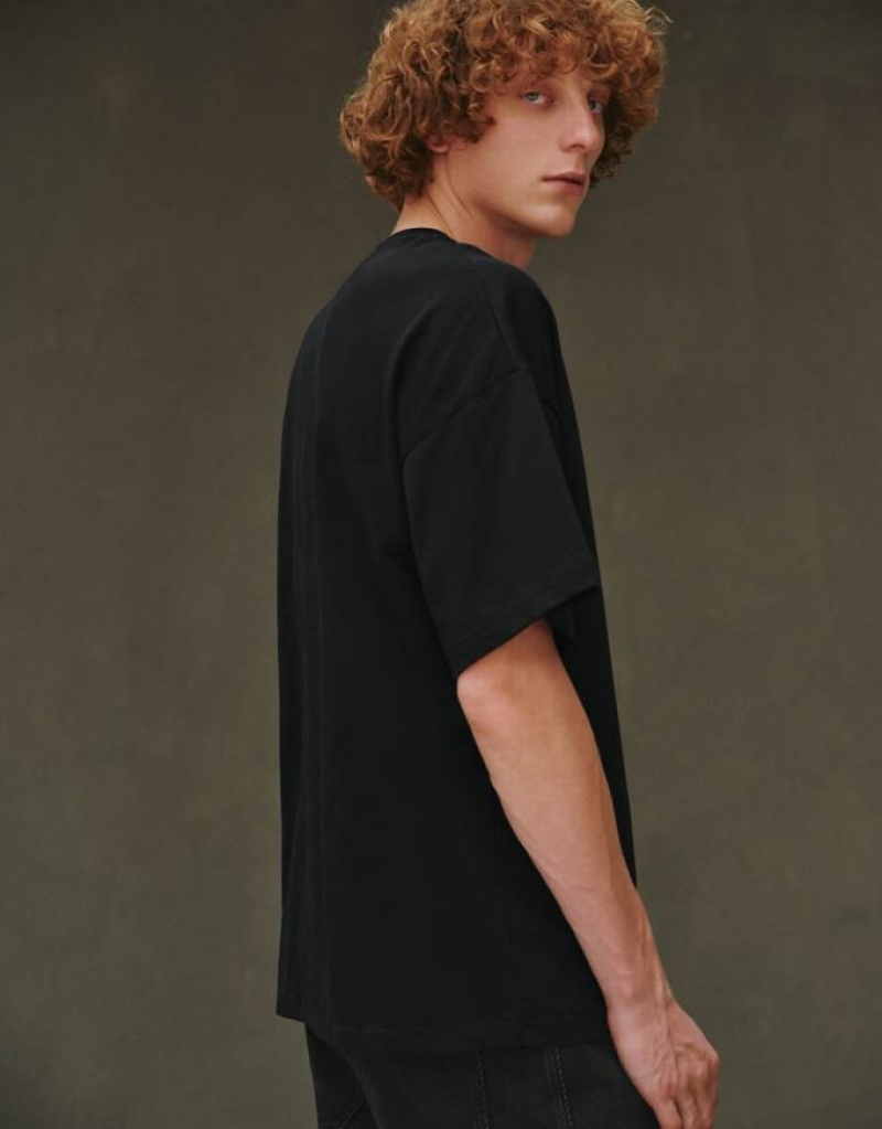 Urban Revivo Drop Shoulder Sleeve Crew Neck Men's T-Shirts Black | ERZLMFY-86